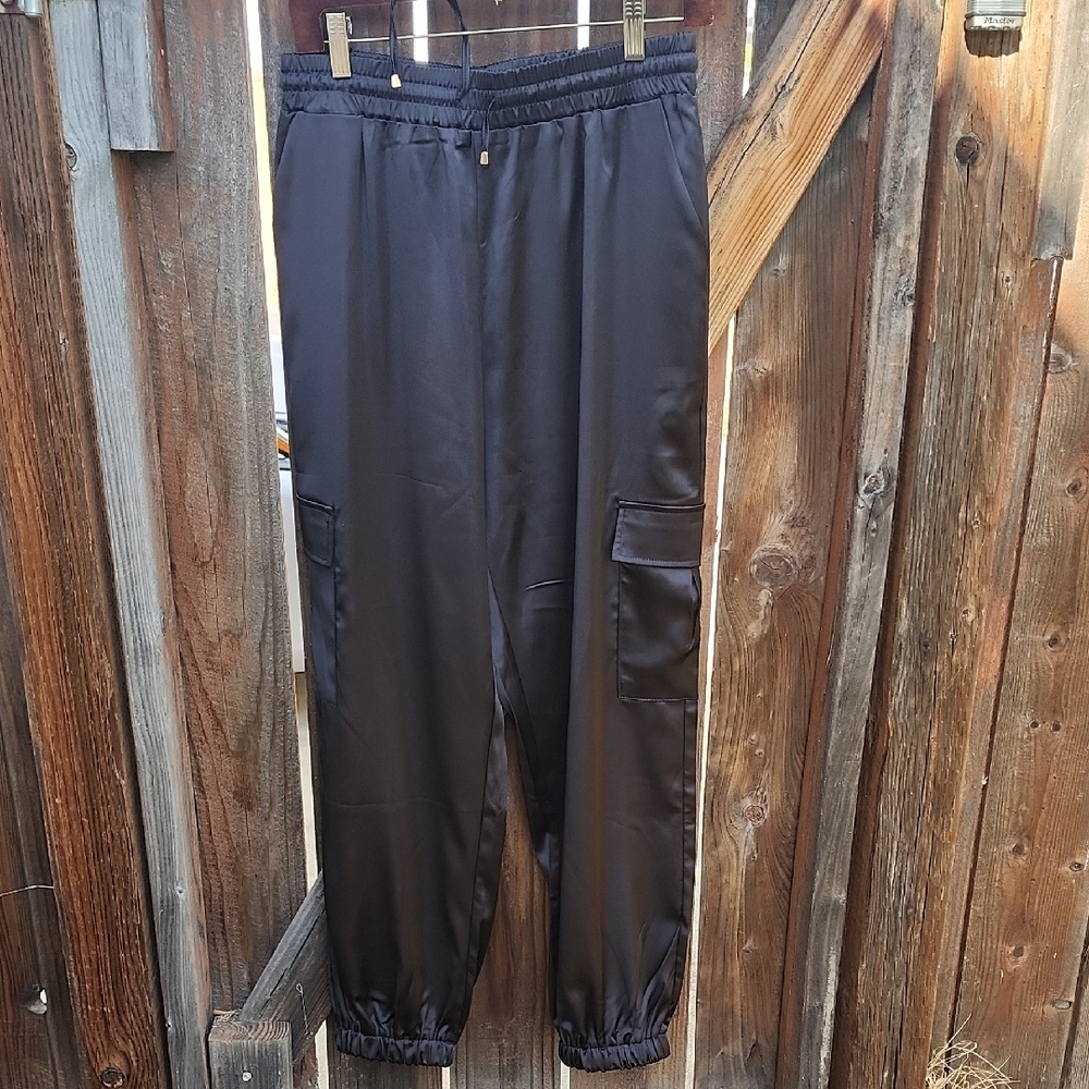 New Black Satin Cargo Jogger Pants, NWT